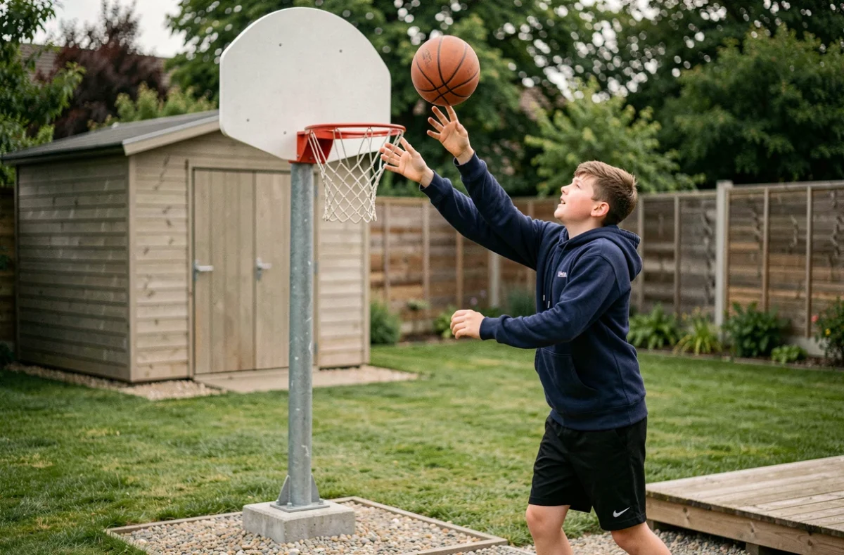 Adolescent testant un panier de basket nouvellement installé dans un jardin résidentiel avec un cerceau et un filet