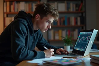 Trader FIFA FC 25 analysant ses stratégies DCE sur un ordinateur portable avec des notes manuscrites et des cartes de football sur un bureau en bois