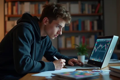 Trader FIFA FC 25 analysant ses stratégies DCE sur un ordinateur portable avec des notes manuscrites et des cartes de football sur un bureau en bois
