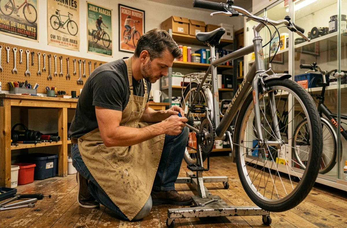 Mécanicien réparant un vélo de ville dans l'atelier Urban Cycle spécialisé en mobilité douce à Nantes