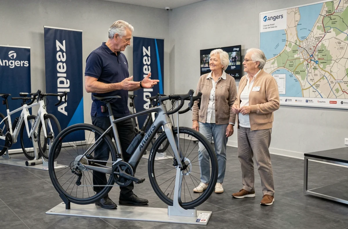 Expert en vélos électriques chez Vélo Horizon à Angers présentant un modèle haut de gamme à des clients