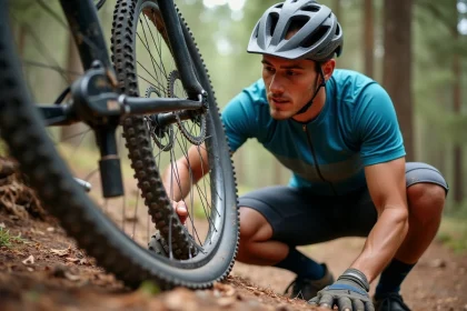 Cycliste VTT vérifiant la pression d'un pneu 26 pouces sur un sentier forestier en terre battue