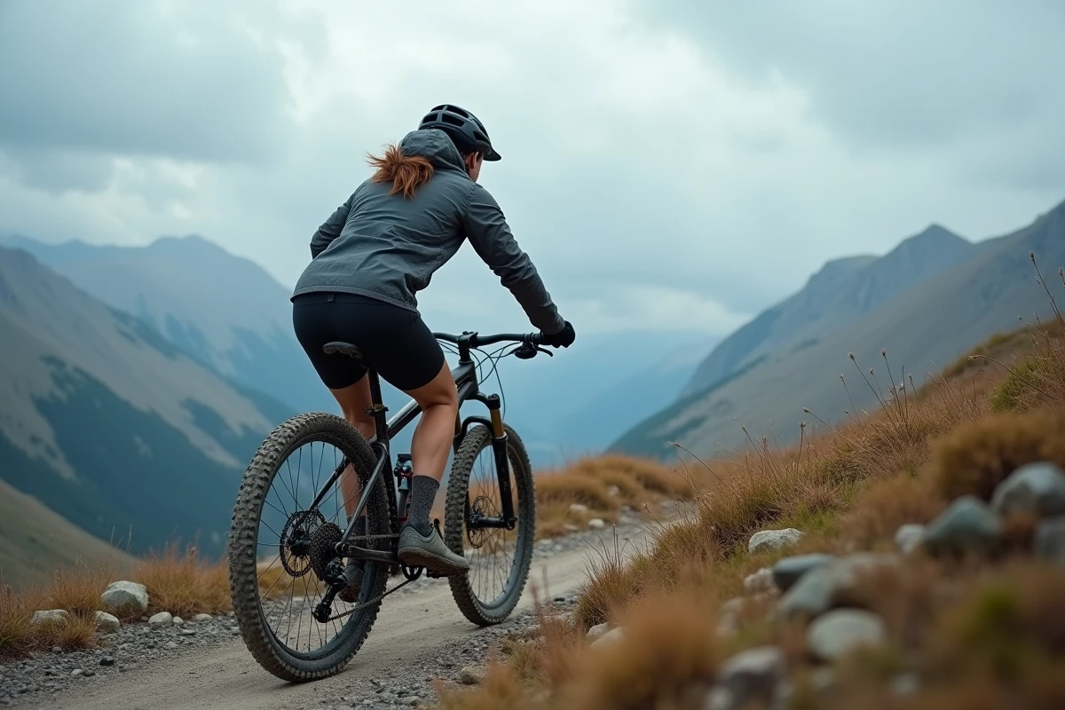 Femme en VTT 26 pouces descendant un sentier de gravier alpin avec pneus gonflés à la pression optimale pour l'adhérence