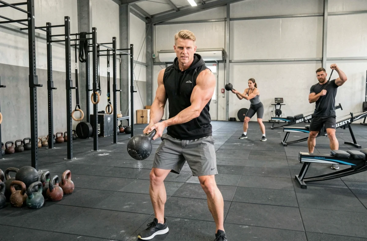 Coach Xfit Training démontrant un exercice au kettlebell dans une salle CrossFit industrielle à Antibes