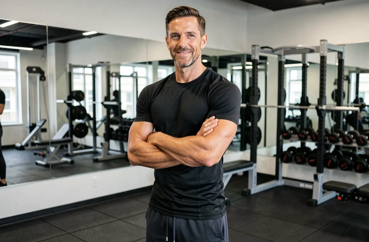 Coach sportif professionnel ZM Coaching en posture assurée dans une salle de sport moderne à Nice